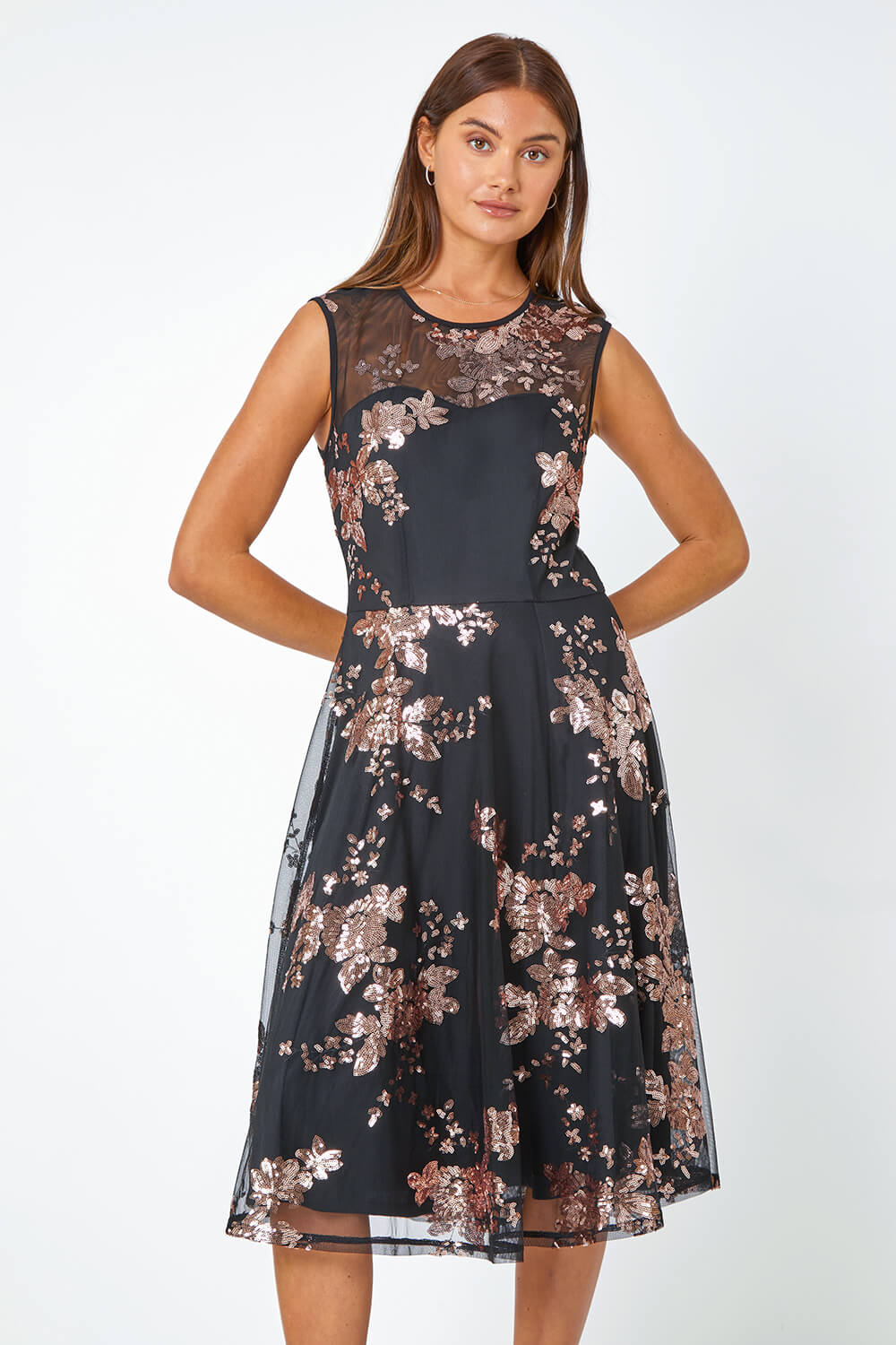 Black Floral Sequin Print Midi Dress, Image 2 of 5