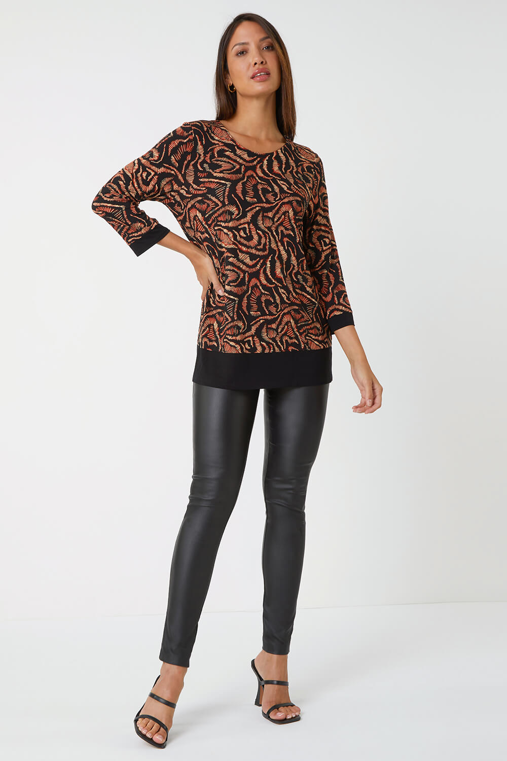 Rust Abstract Contrast Hem Stretch Top, Image 2 of 5