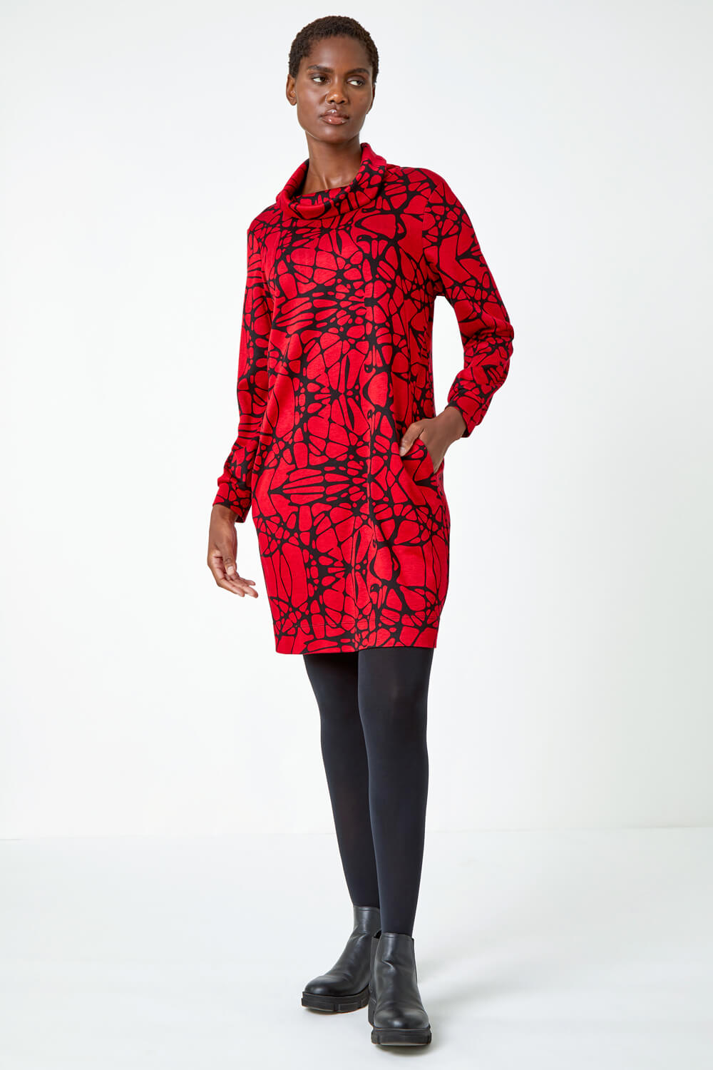 Red Abstract Cowl Neck Pocket Shift Dress, Image 2 of 5