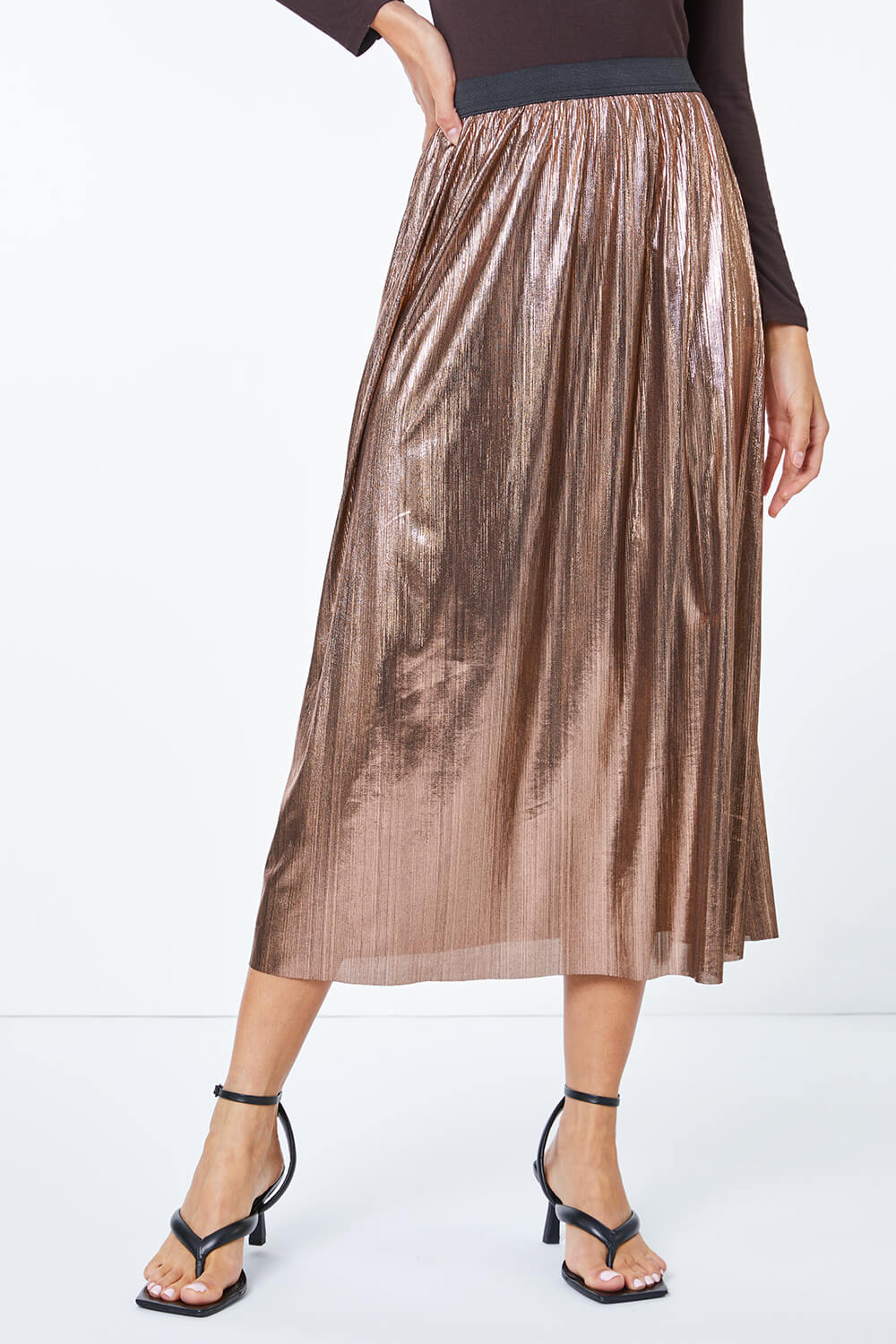 Copper Metallic Shimmer Stretch Midi Skirt, Image 4 of 5