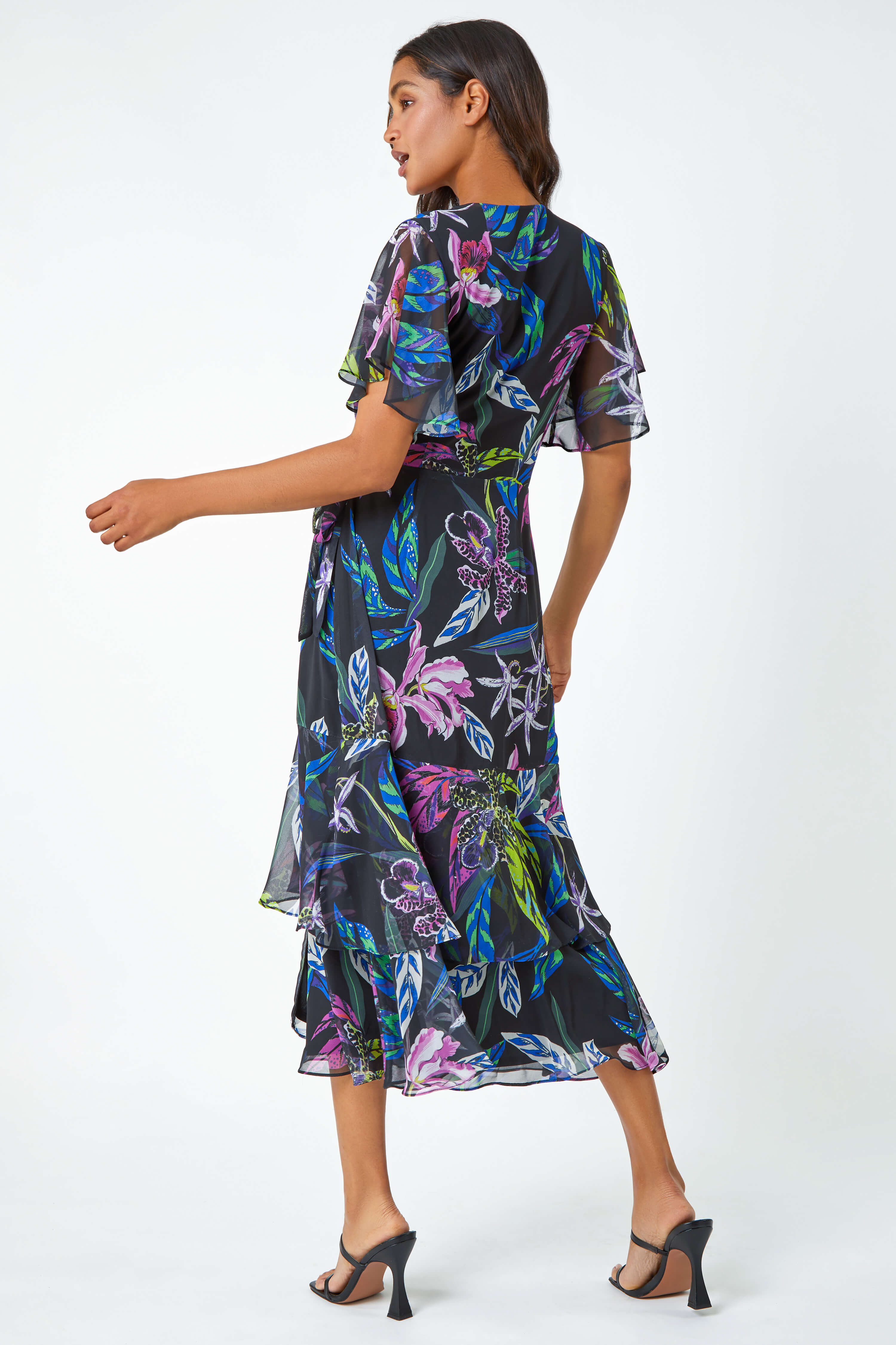 Black Tropical Print Tiered Midi Wrap Dress, Image 3 of 5