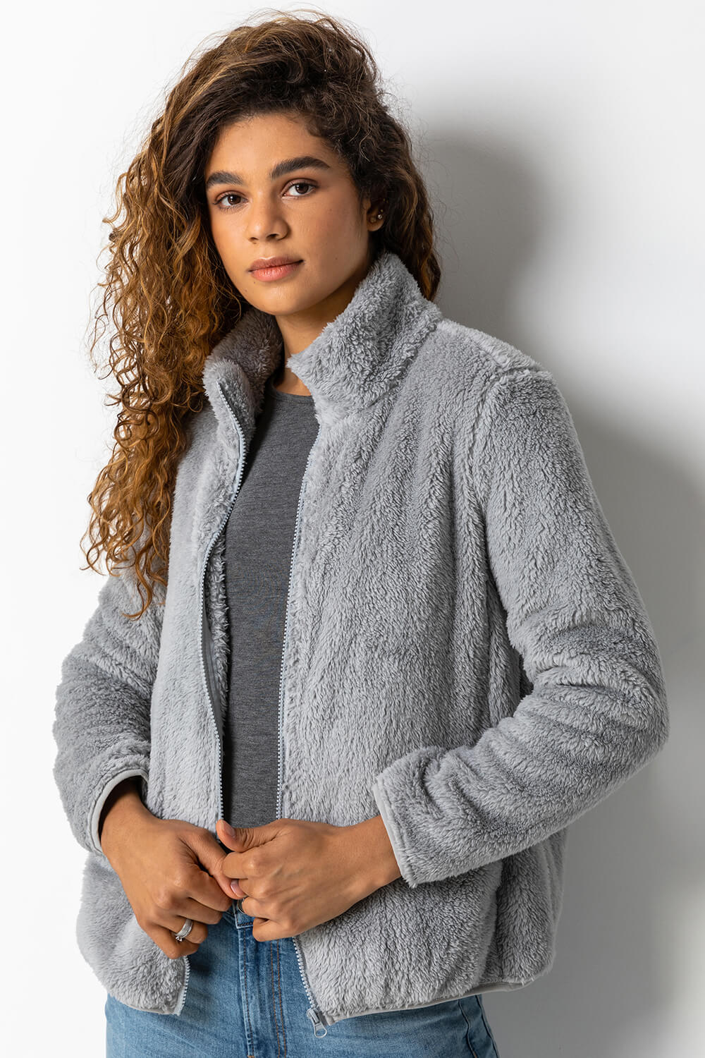 Soft Sherpa Fleece Jacket in Light Grey - Roman Originals UK