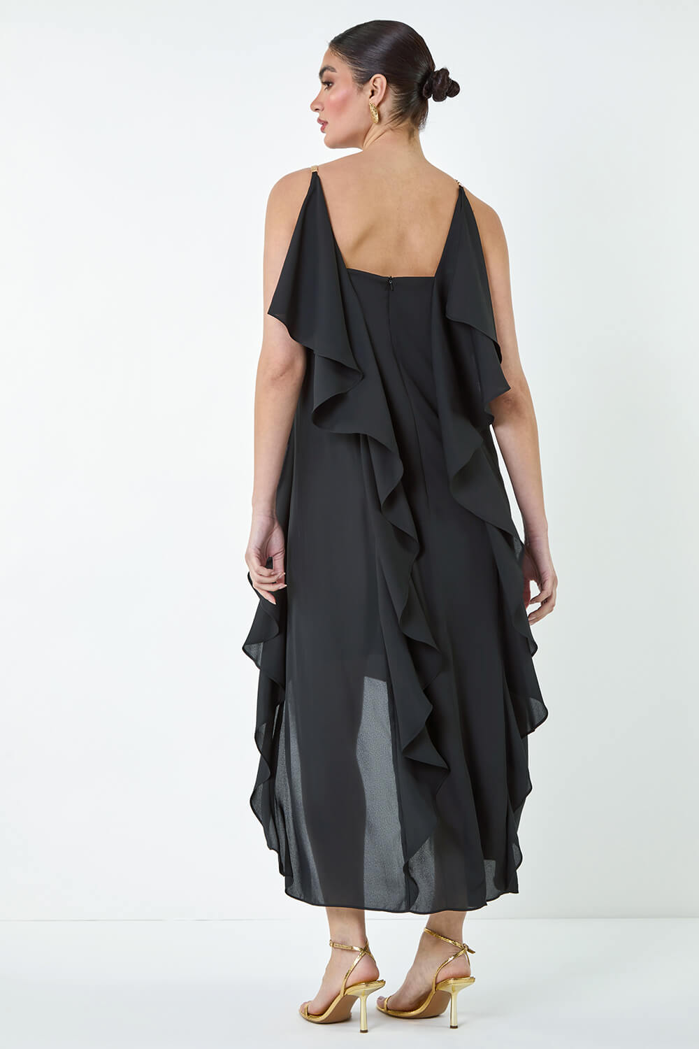 Black Plain Dipped Hem Ruffle Detail Midi Dress, Image 3 of 5