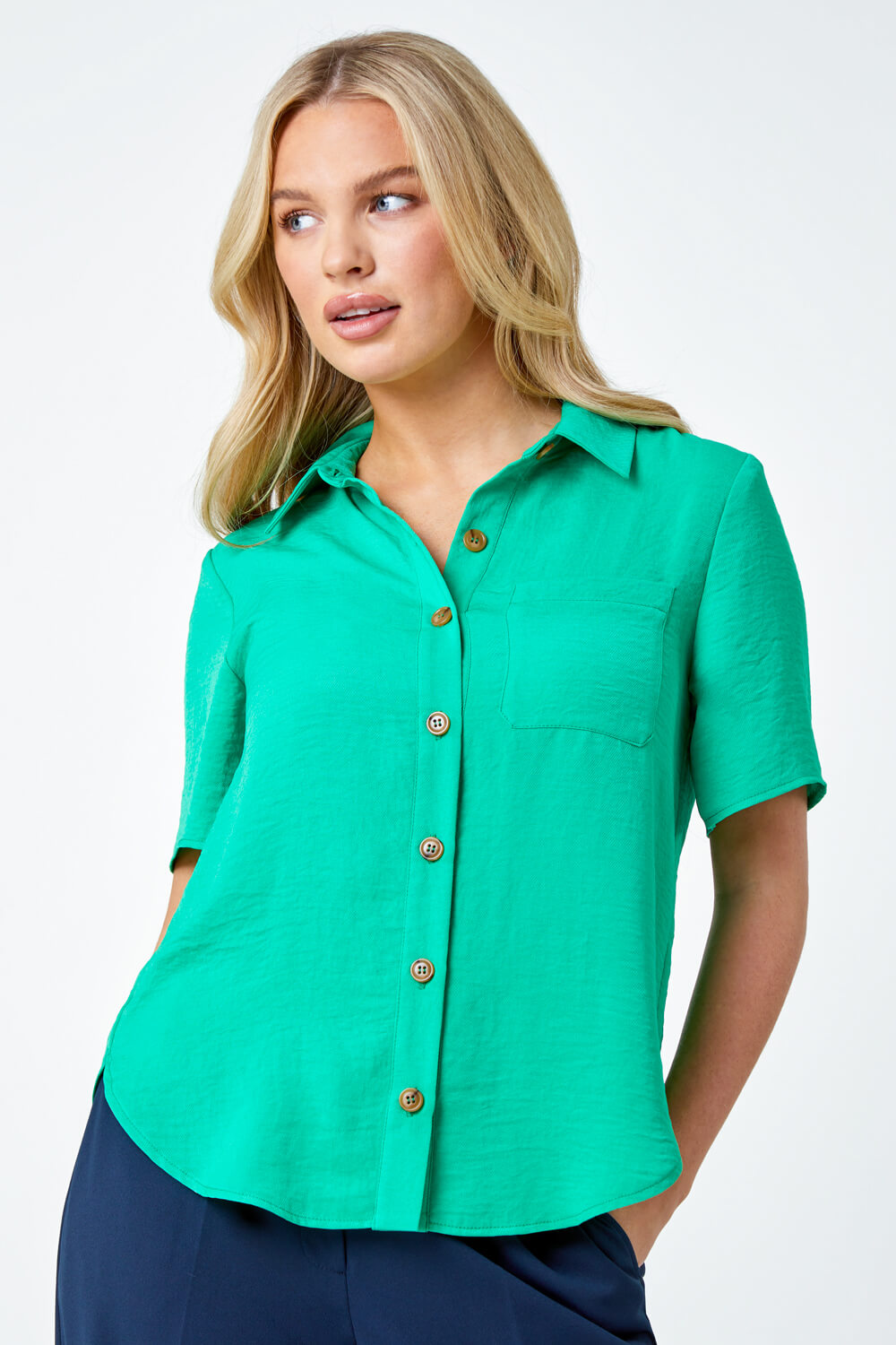 Green Petite Button Up Pocket Shirt, Image 4 of 5