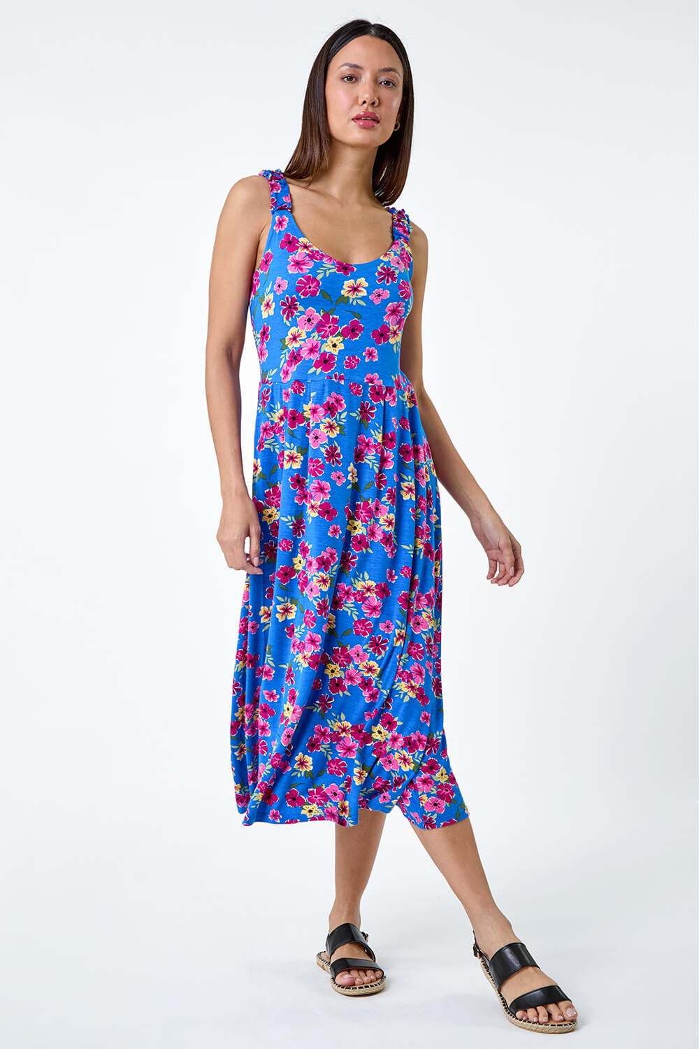 Blue Floral Shirred Strap Midi Dress, Image 2 of 5