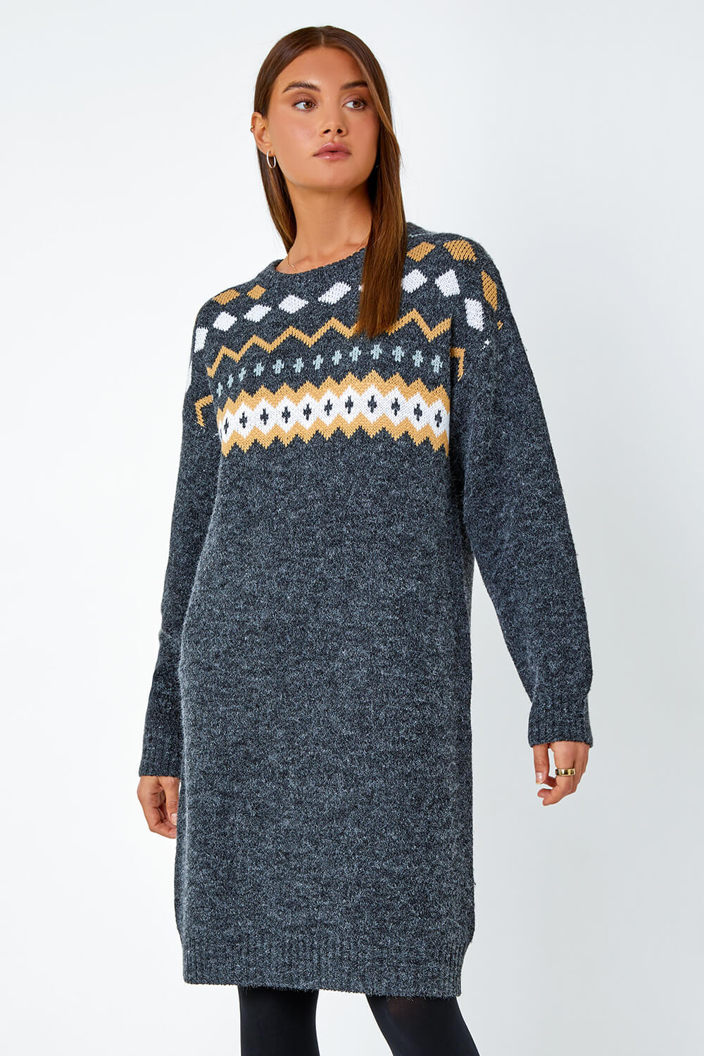 Dark Grey Nordic Print Knitted Jumper Dress, Image 2 of 6