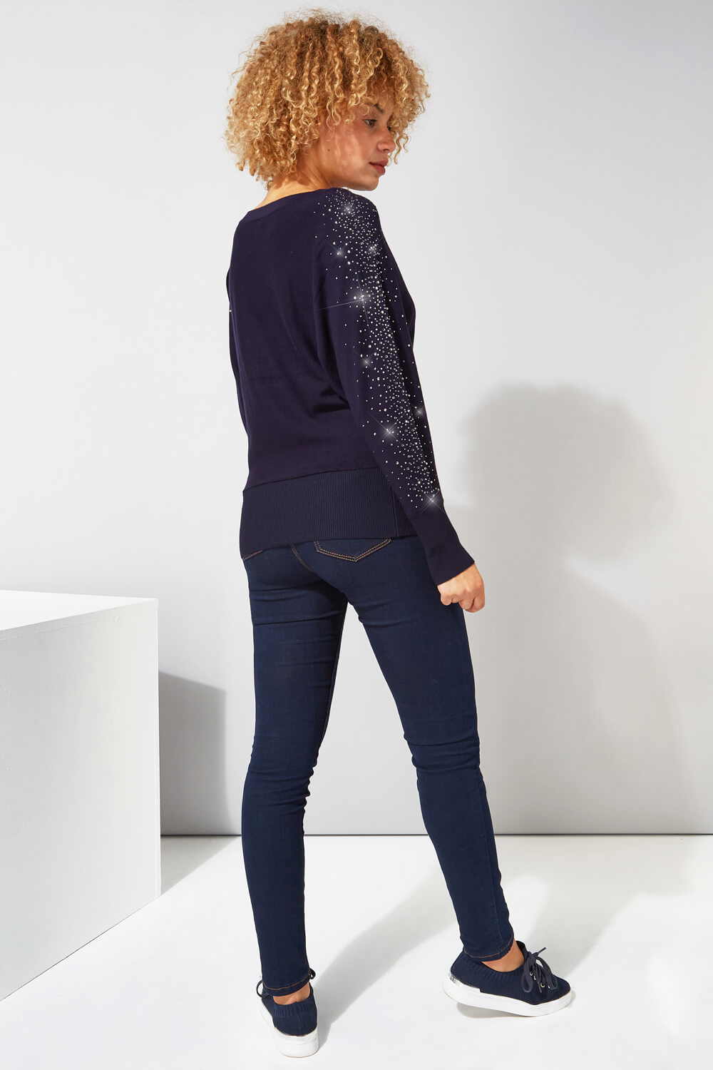 Midnight-Blue Diamante Embellished Batwing Jumper, Image 3 of 4