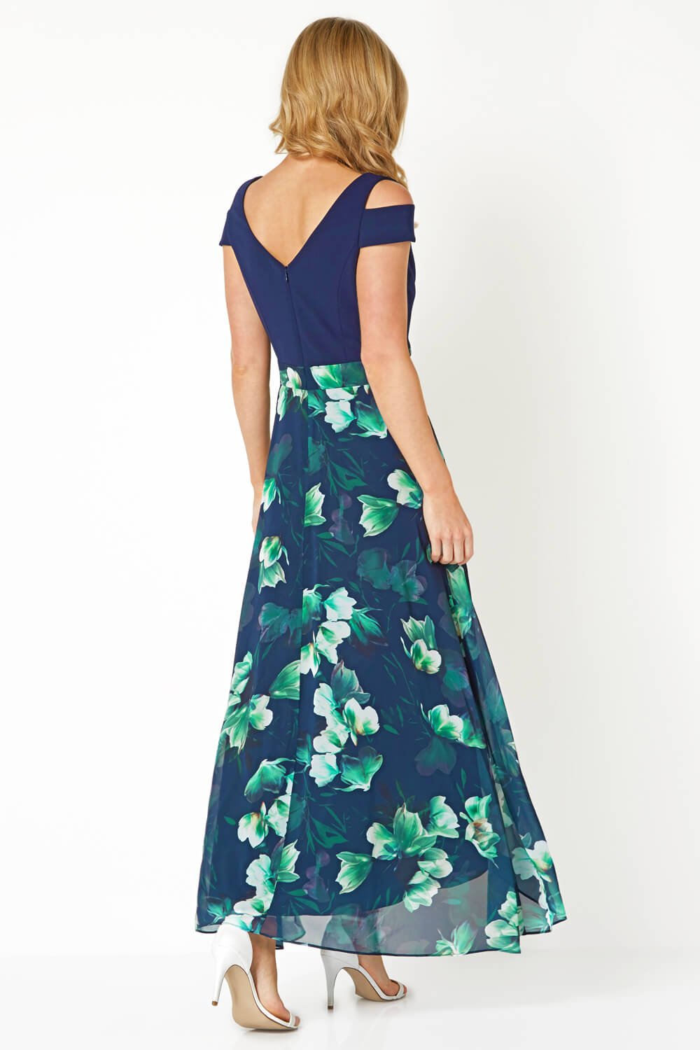 Navy  Floral Print Cold Shoulder Maxi Dress, Image 3 of 5