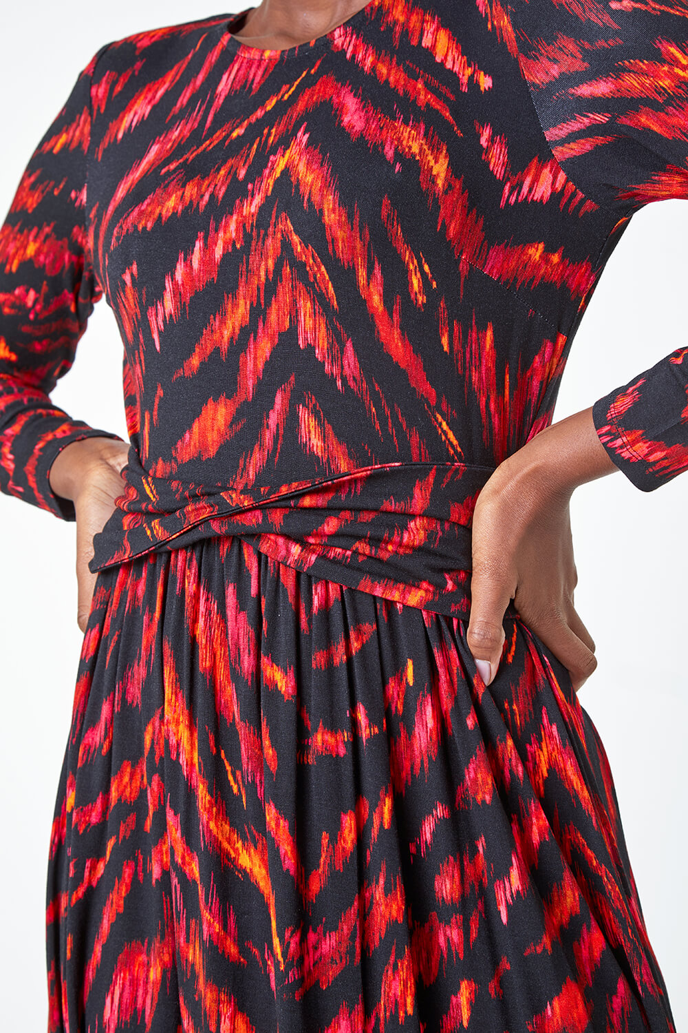PINK Tiger Print Twist Waist Midi Stretch Dress, Image 5 of 5