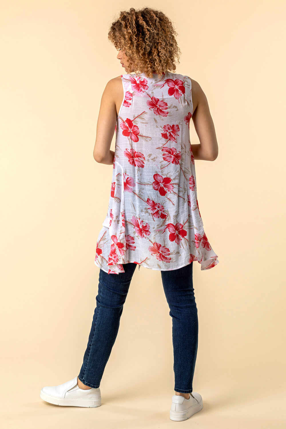 Red Floral Print Crinkle Tunic Top, Image 2 of 4