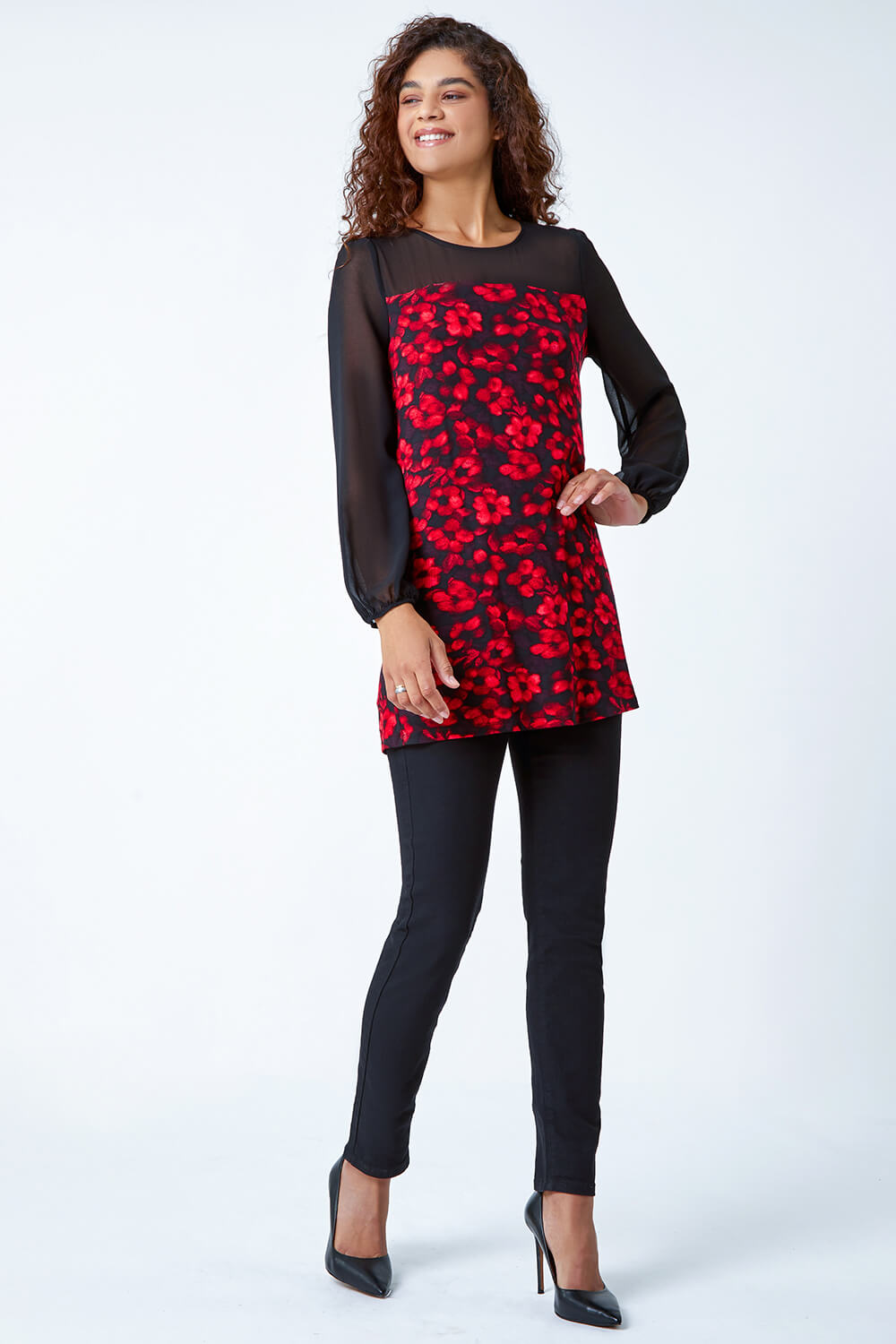 Red Floral Print Chiffon Sleeve Stretch Top, Image 4 of 5