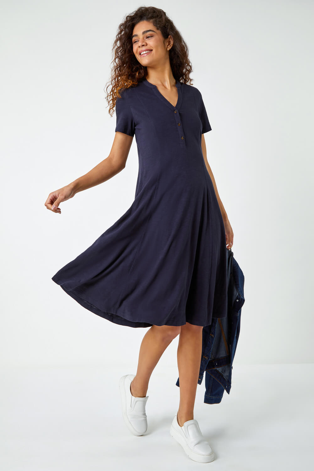 Navy  Fit & Flare Cotton Midi Dress, Image 2 of 5