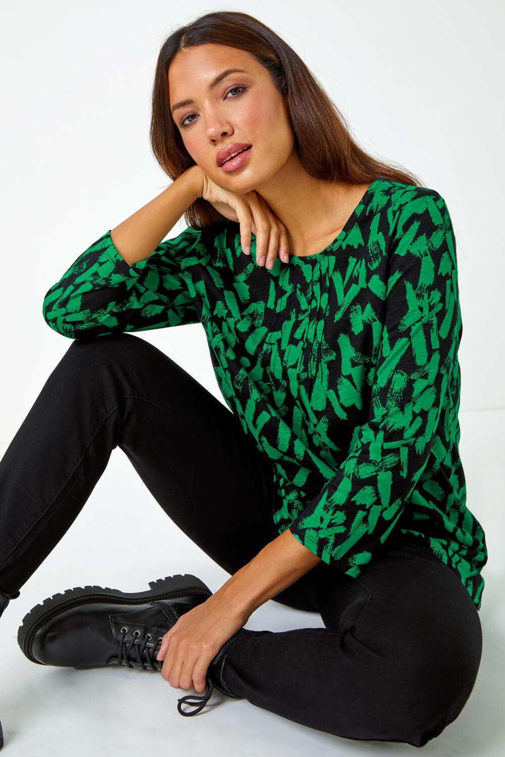 Green Cotton Abstract Print Pleated Top, Image 4 of 5