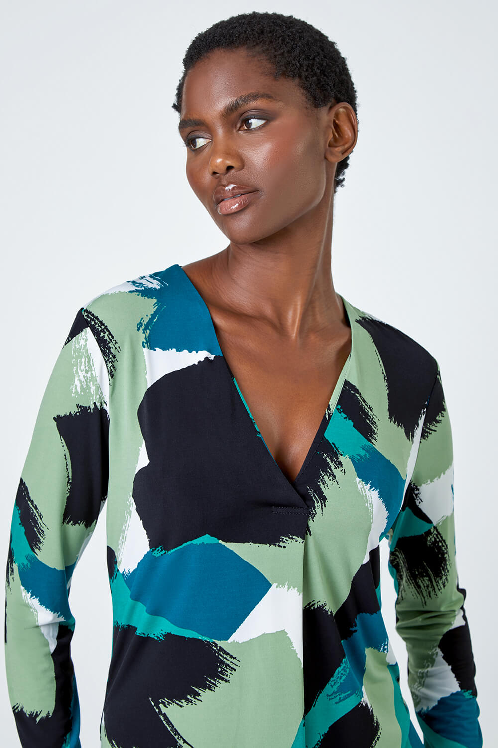 Green Abstract Print Pleat Stretch Top, Image 4 of 5