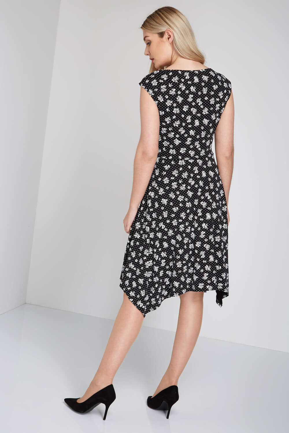Black Floral Print Fit and Flare Dress, Image 2 of 4