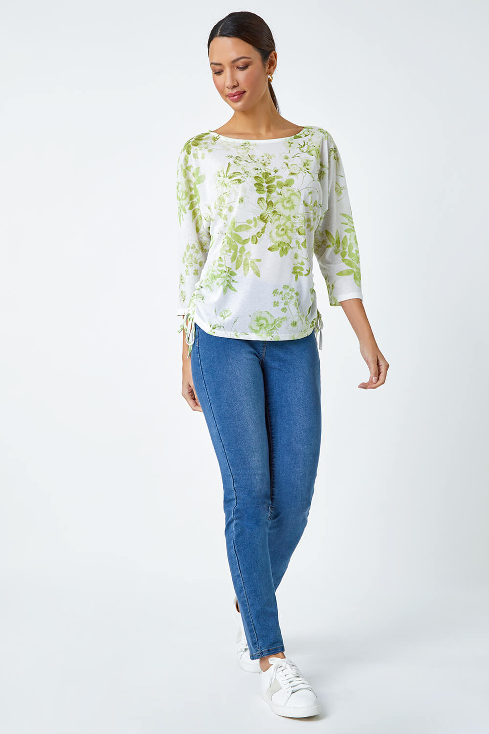 Lime Floral Print Ruched Tie Detail Top, Image 2 of 5