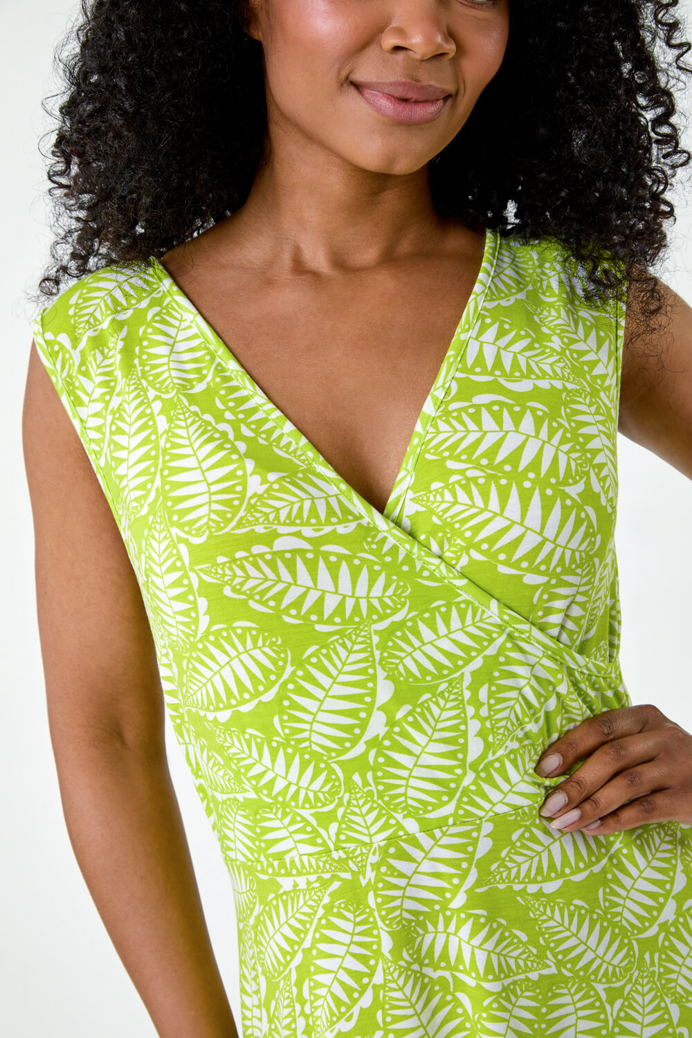 Lime Petite Leaf Print Stretch Wrap Dress, Image 5 of 5