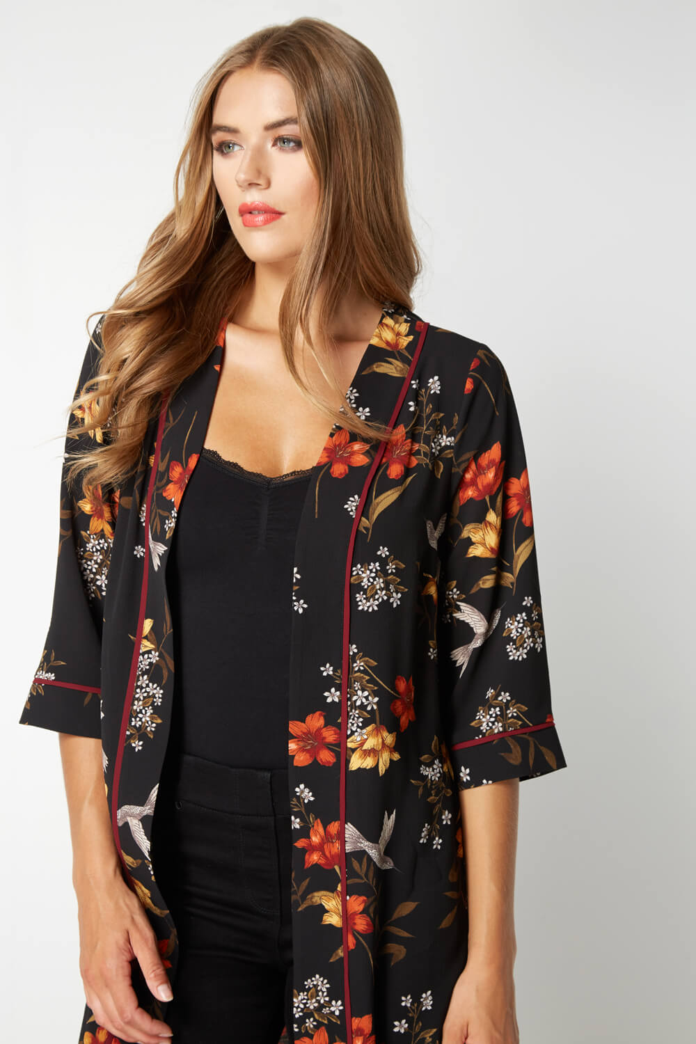 Multi  Floral Longline Jacket Kimono, Image 3 of 4