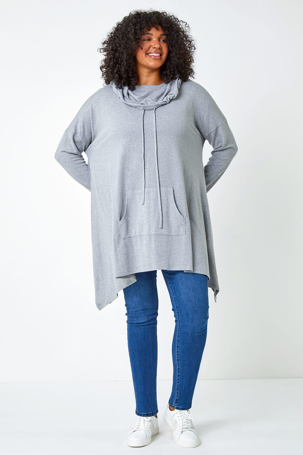 Grey Curve Cowl Neck Relaxed Stretch Top, Image 2 of 5