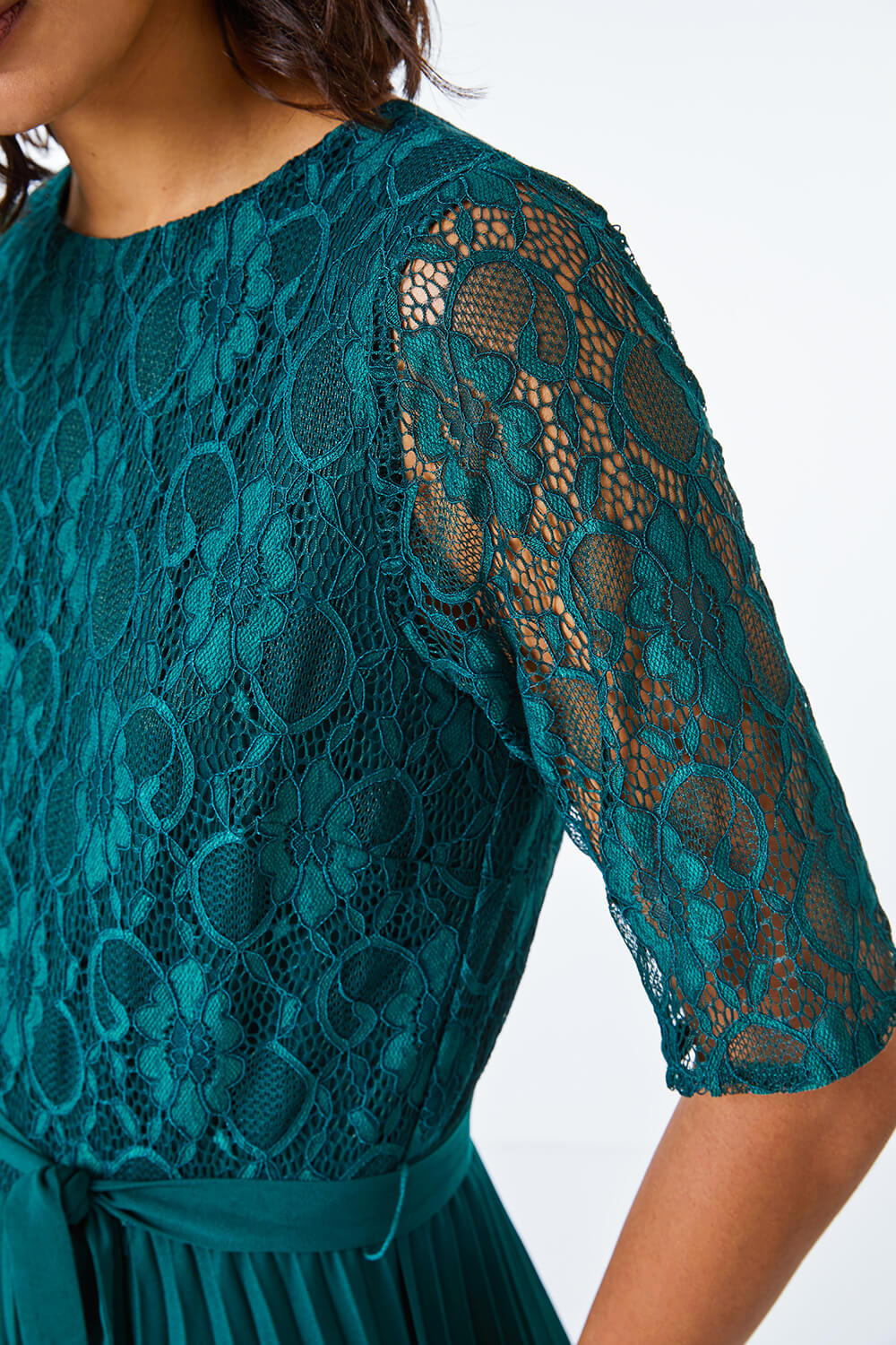 Green Lace Pleated Midi Dress, Image 5 of 5