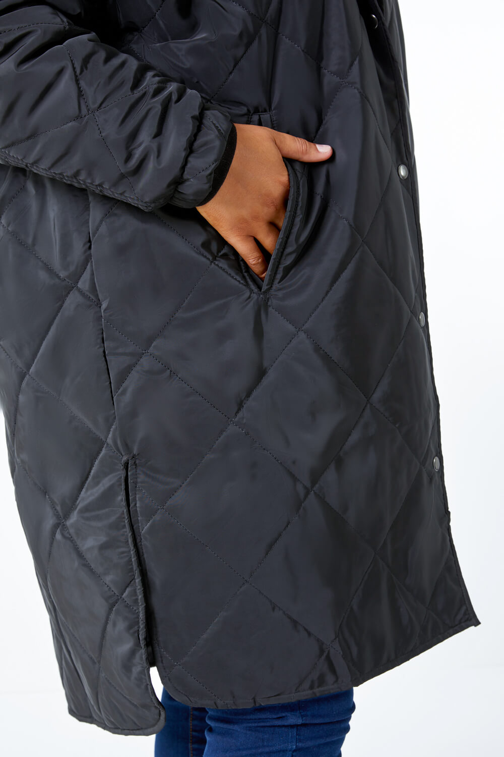 Black Curve Quilted Longline Coat, Image 5 of 5