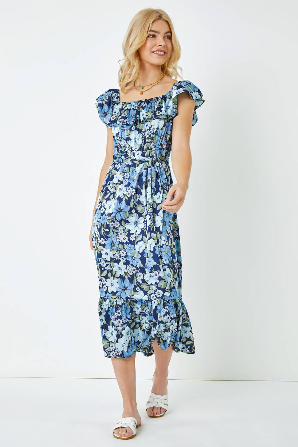 Blue Ditsy Floral Bardot Midi Dress, Image 4 of 5