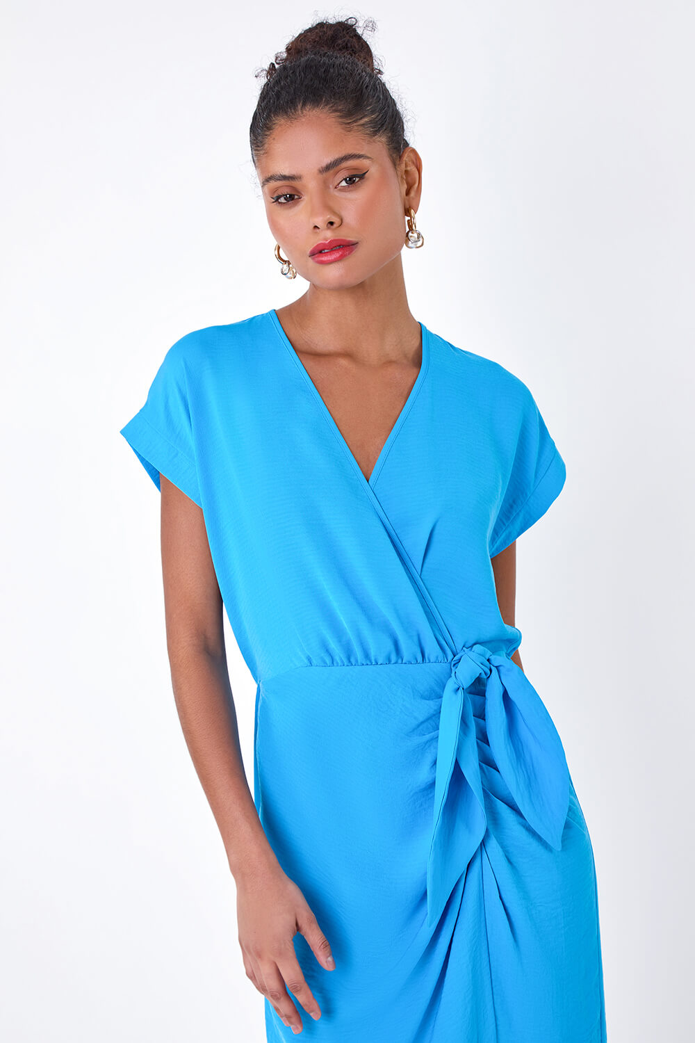 Blue Plain Wrap Tie Detail Dress, Image 4 of 5