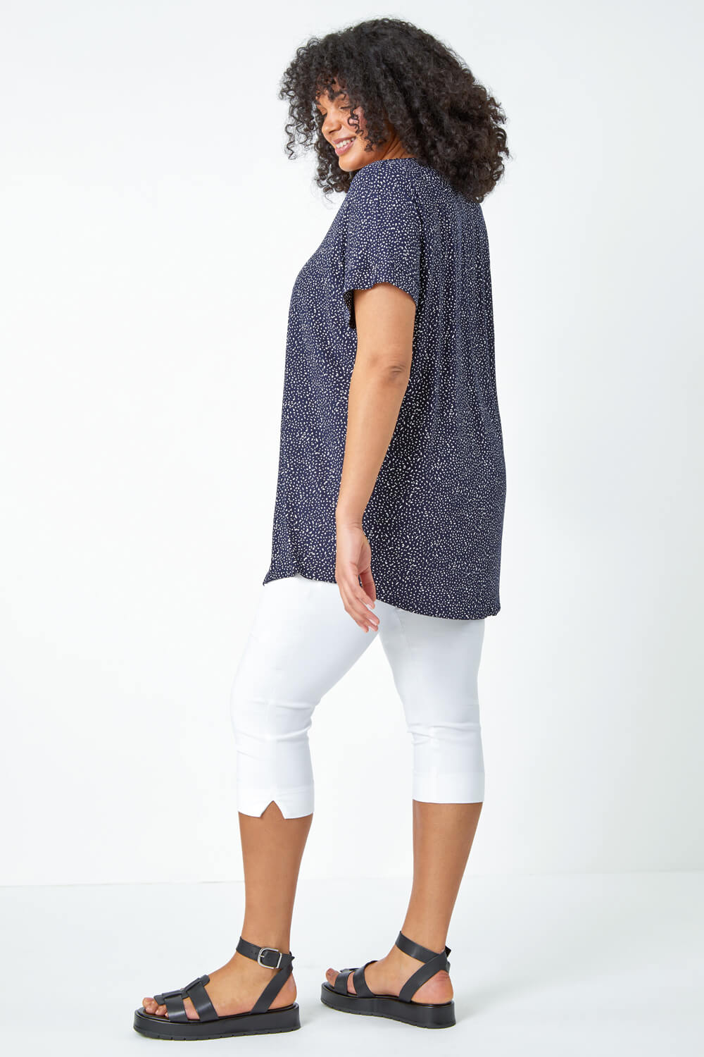 Navy  Curve Ditsy Spot Print Stretch Top, Image 3 of 6