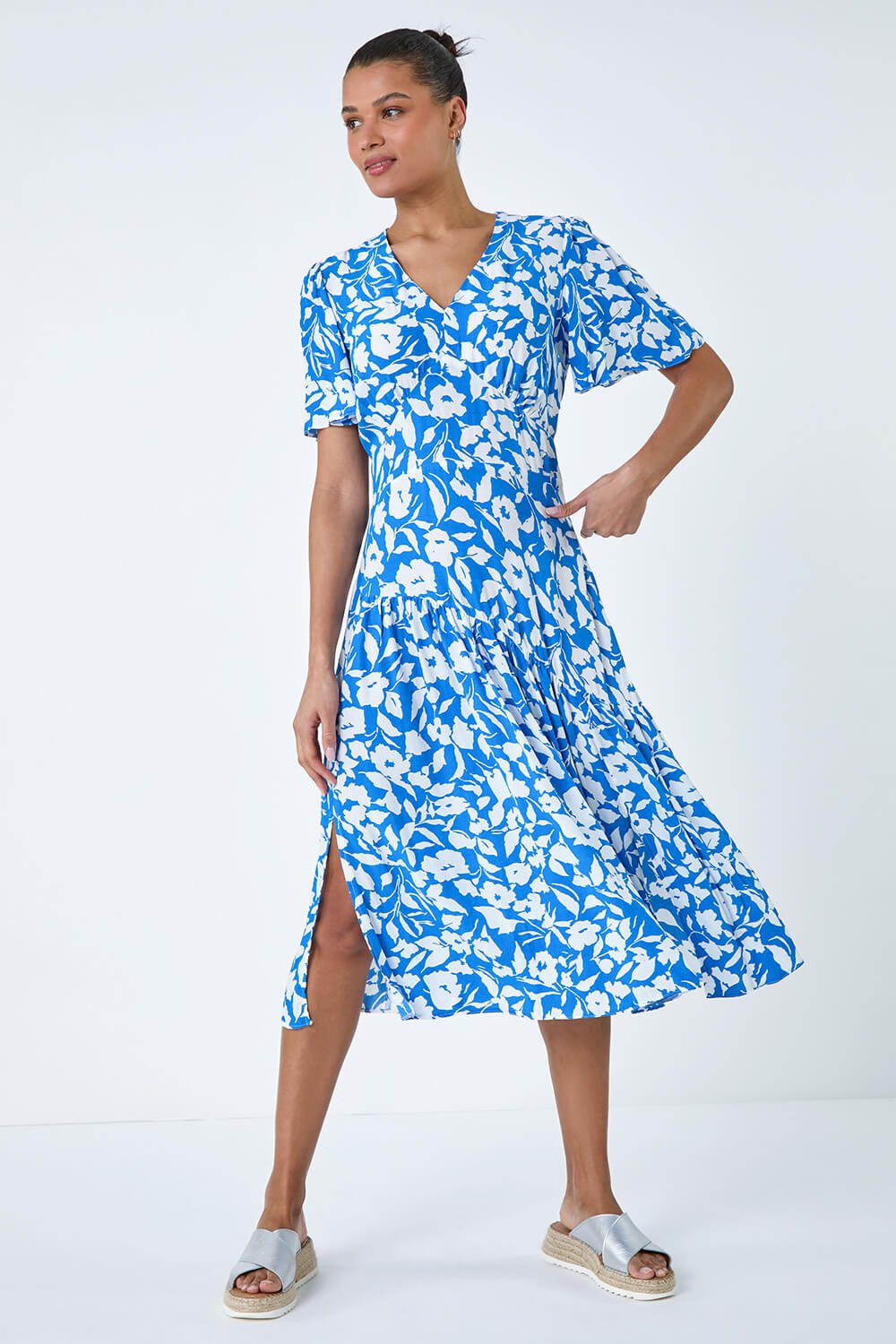 Blue Tiered Contrast Floral Print Dress, Image 2 of 5