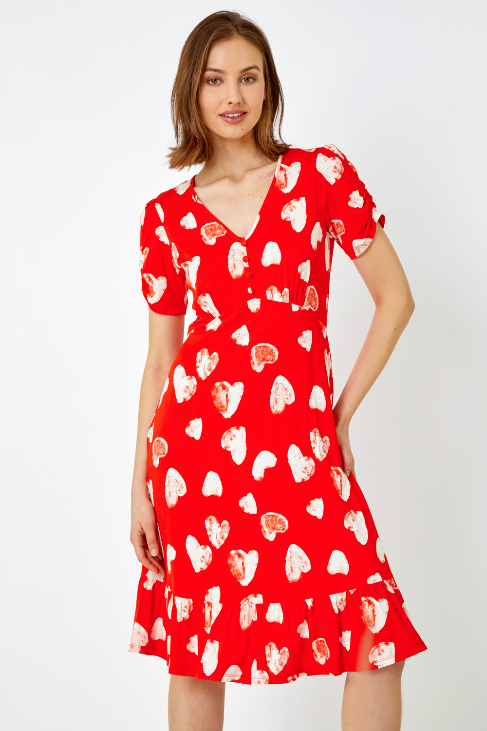 Red Heart Print Frill Hem Stretch Dress | Roman UK