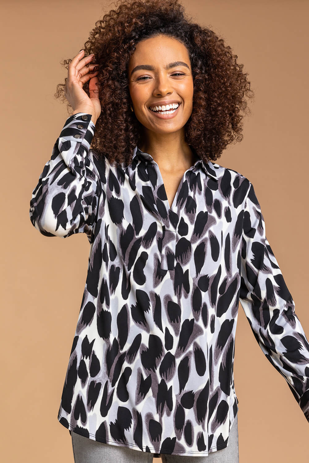 Animal Print Long Sleeve Collared Jersey Blouse