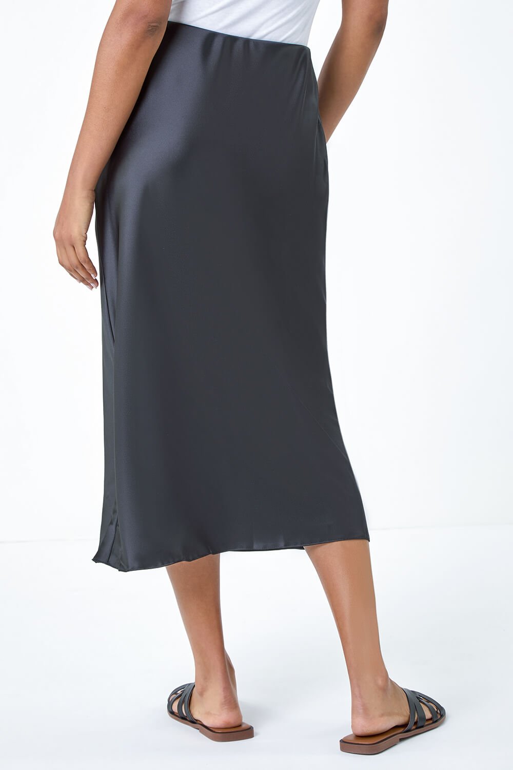 Black Satin Bias Cut Midi Skirt, Image 3 of 5