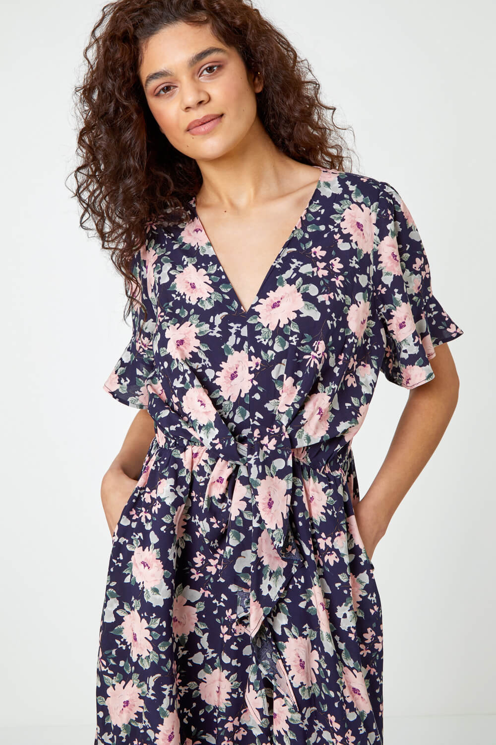 Navy  Floral Print Frill Front Midi Dress, Image 2 of 5