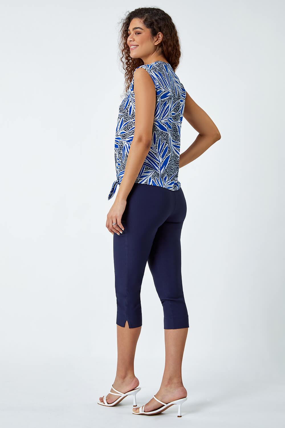 Royal Blue Textured Palm Print Stretch Blouse, Image 3 of 5