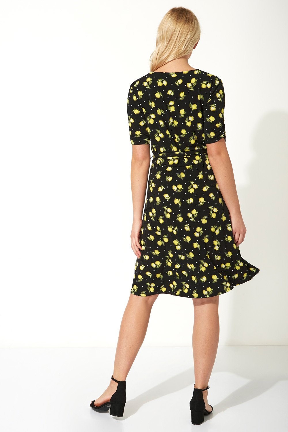 Black Lemon Print Wrap Dress, Image 4 of 5
