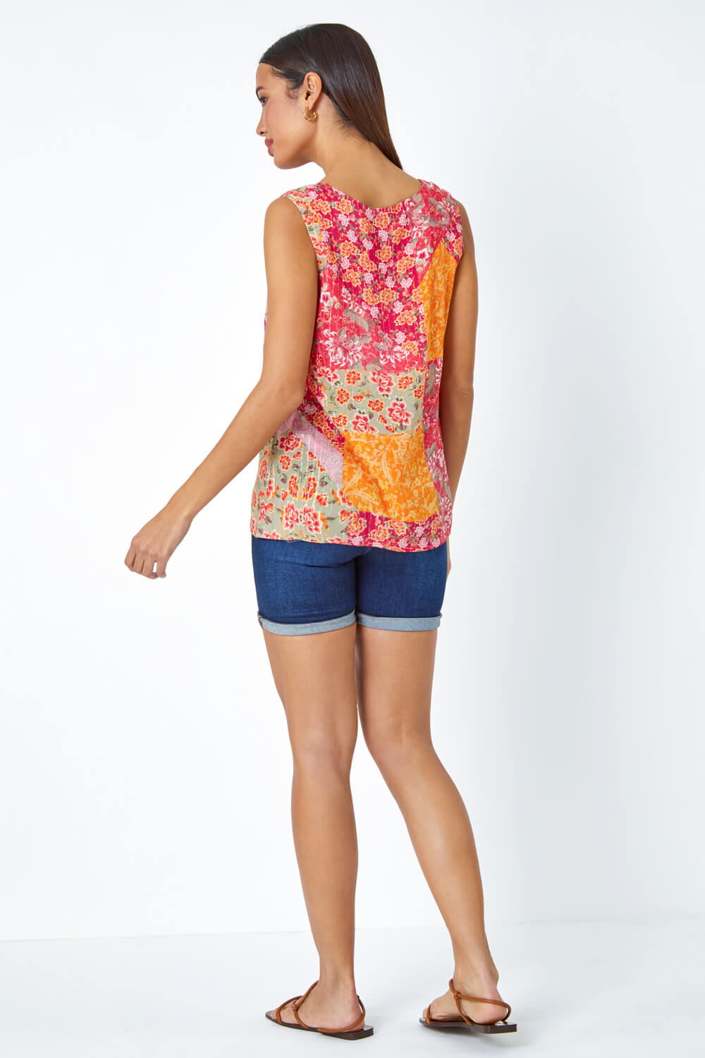 Red Patchwork Print Button Cami Top, Image 3 of 5