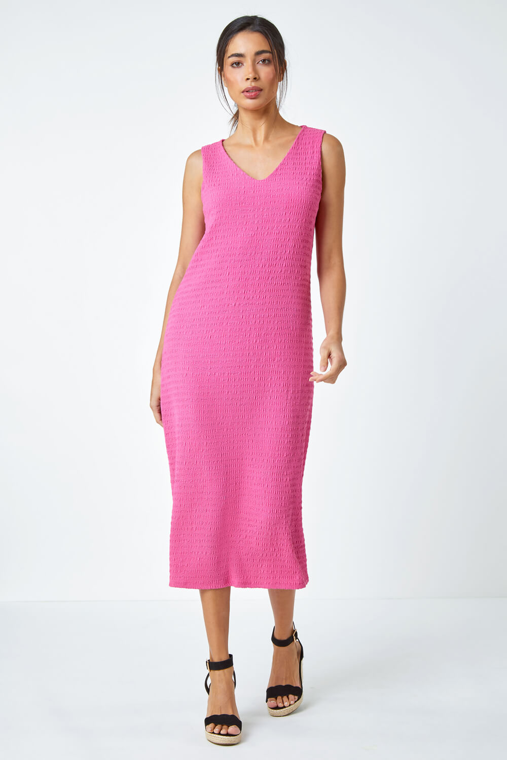 Fuchsia Sleeveless Textured Midi Stretch Dress, Image 2 of 5
