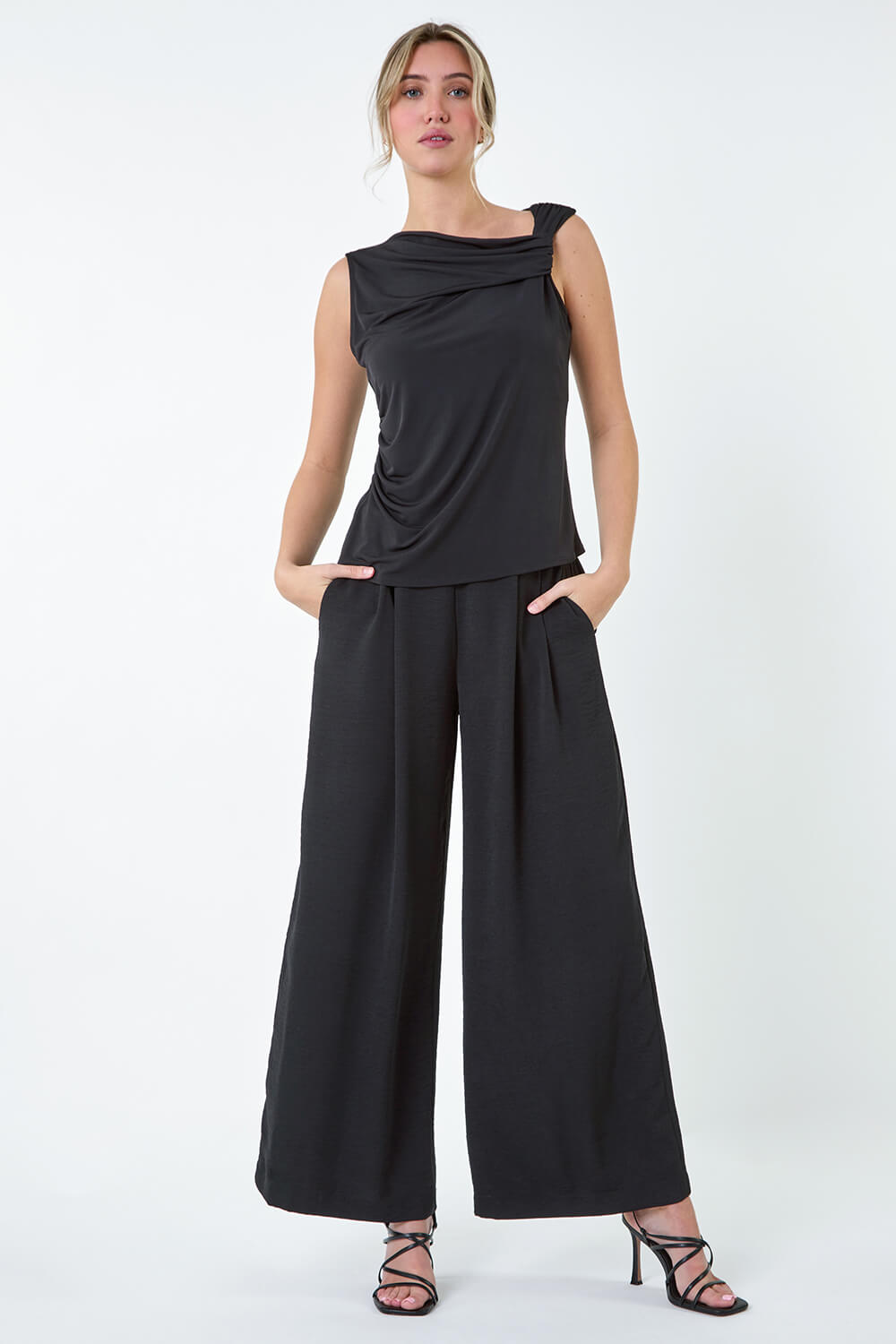 Black Ruched Twist Cowl Neck Stretch Top, Image 2 of 5