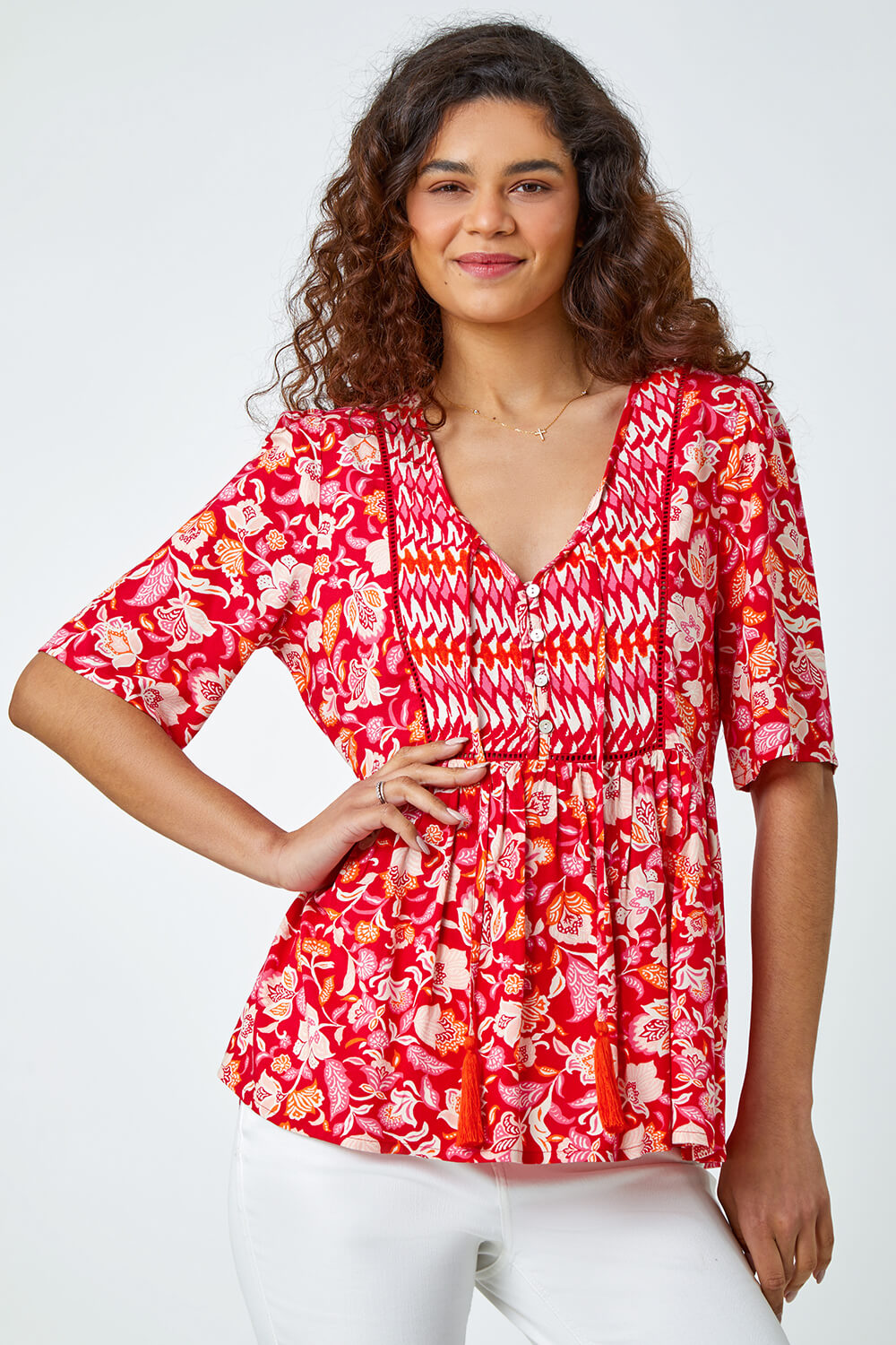 Red Floral Border Tie Smock Top, Image 4 of 5