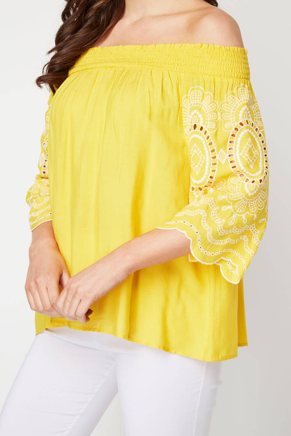 Yellow Embroidered Sleeve Bardot Top , Image 3 of 8