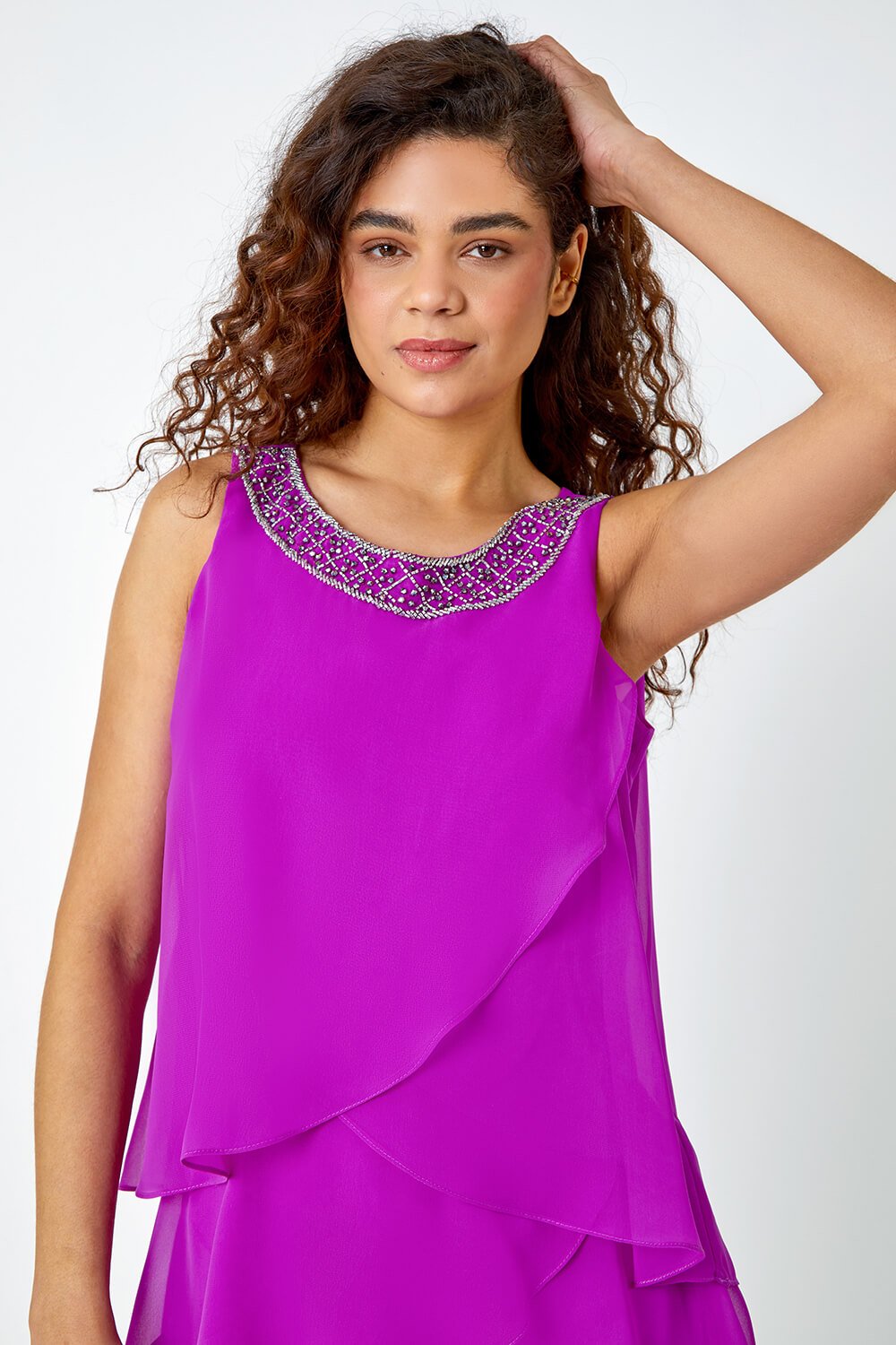 Purple Bead Embellished Tiered Chiffon Dress, Image 4 of 5