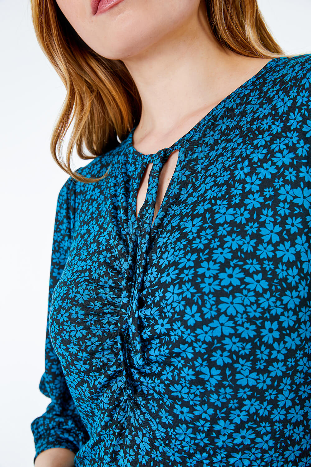 Teal Ditsy Floral Ruched Detail Dress , Image 5 of 5