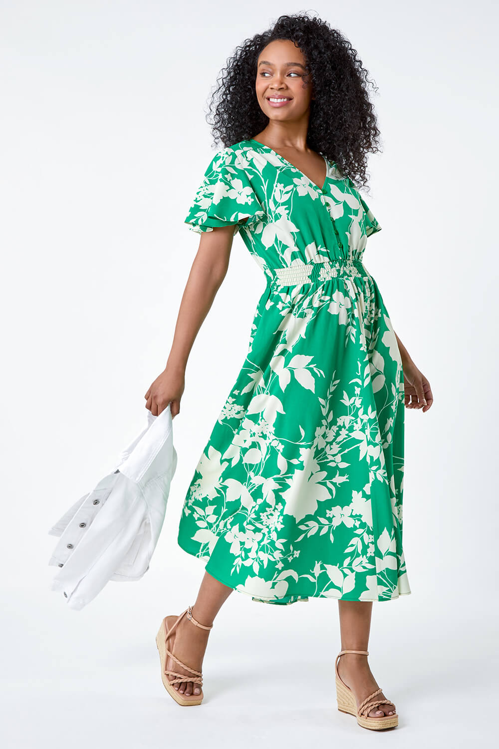 Green Petite Leaf Print Shirred Midi Dress, Image 2 of 5