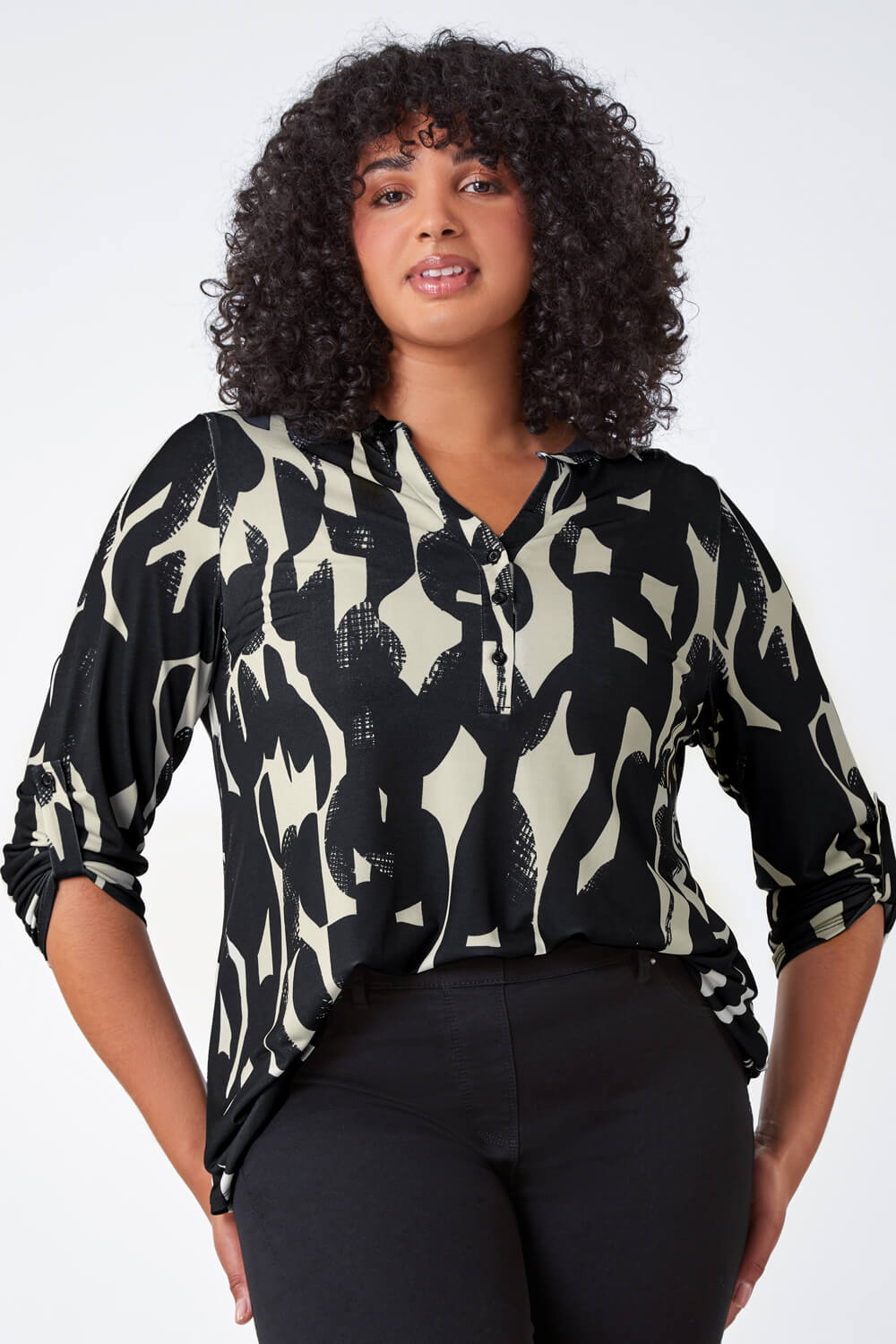 Black Curve Abstract Print Jersey Top, Image 2 of 5