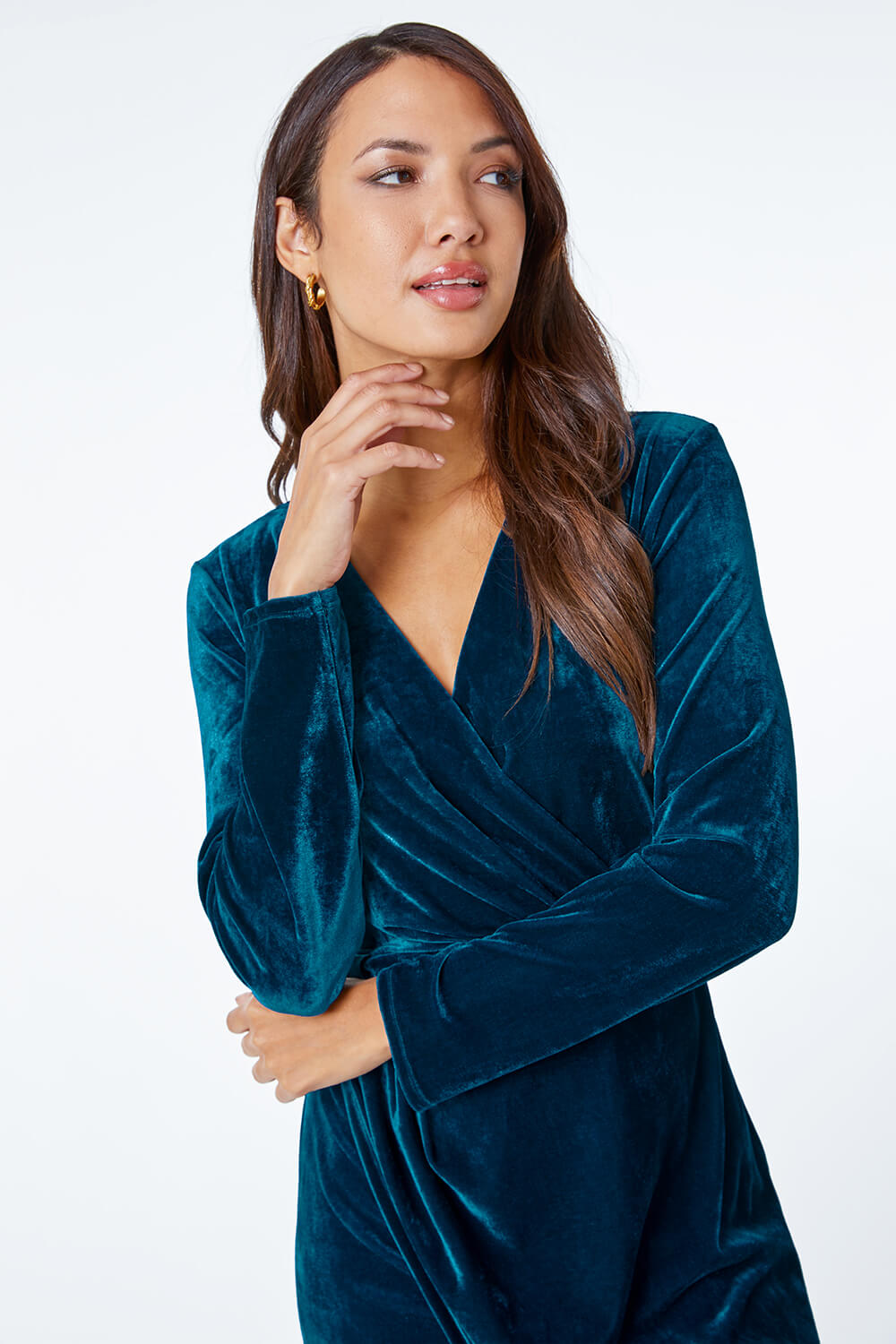 Stretch Velvet Midi Wrap Dress in Teal Roman Originals UK