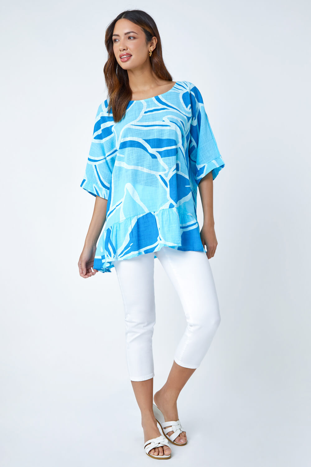 Blue Cotton Oversized Floral Tunic Top, Image 2 of 5