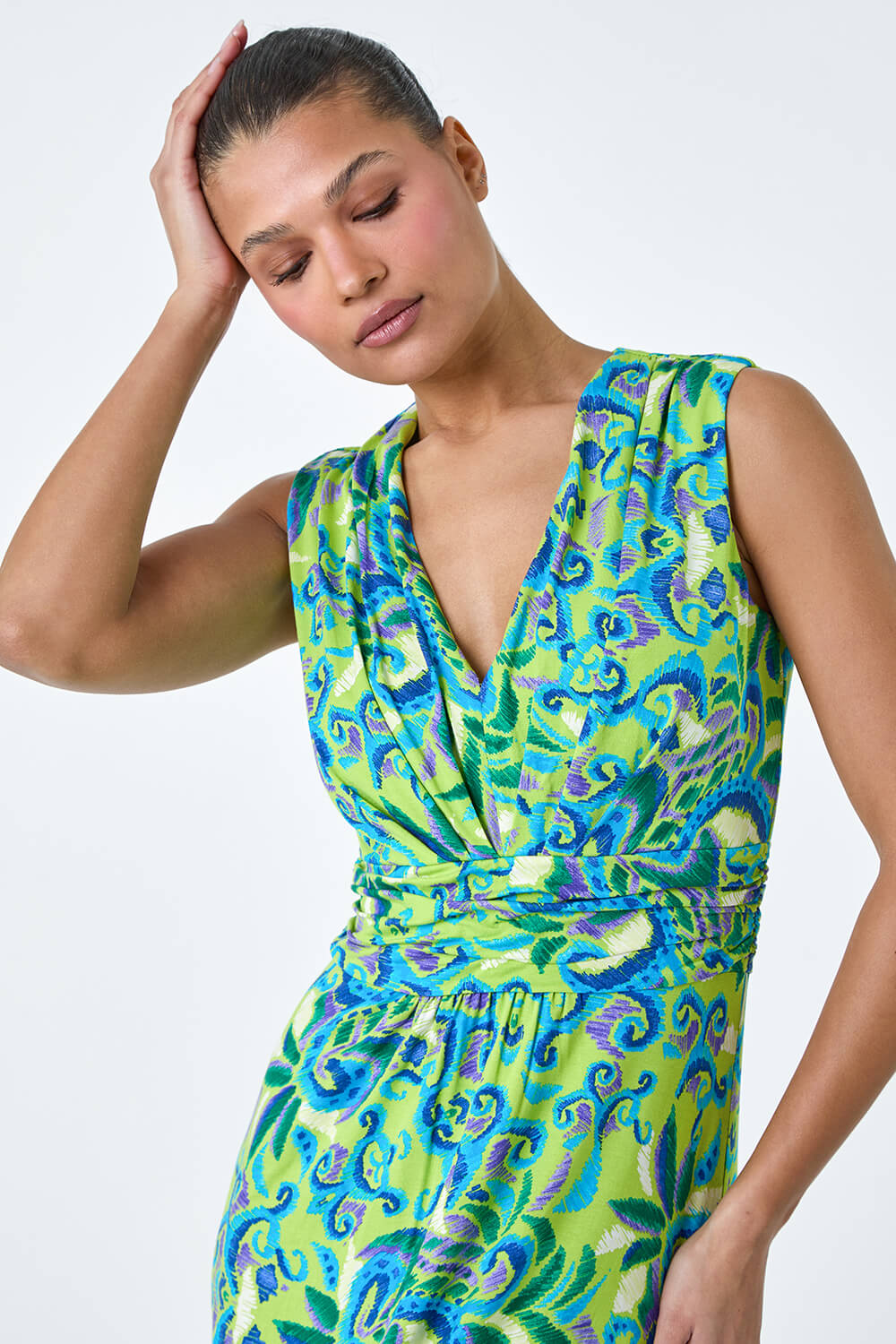 Lime Abstract Paisley Print Stretch Maxi Dress, Image 4 of 5