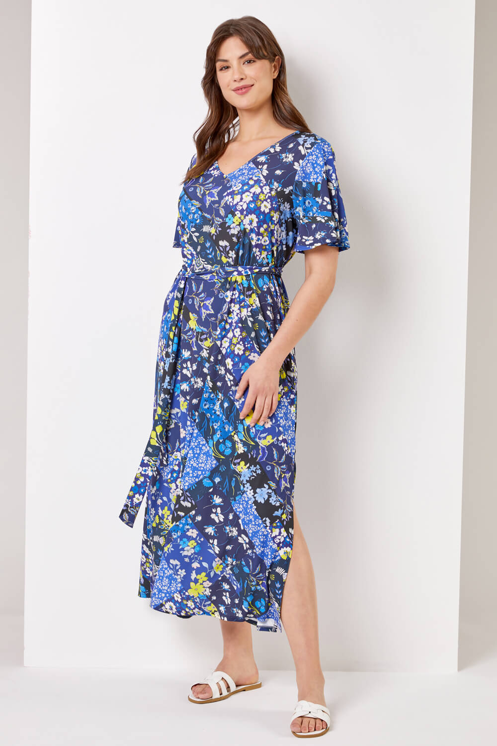 Navy  Curve Patchwork Floral Maxi Dress, Image 3 of 4
