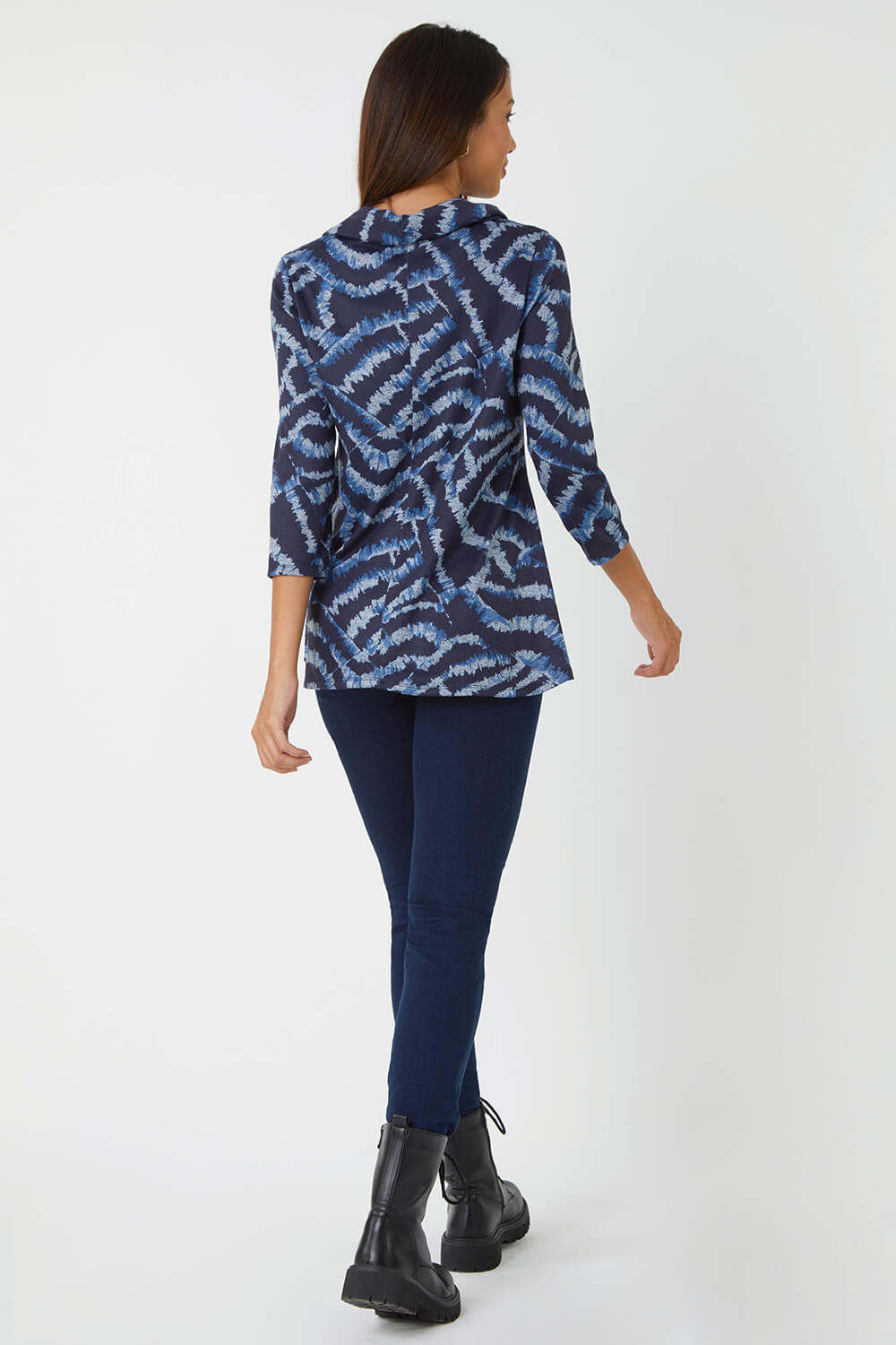 Blue Abstract Print Cowl Neck Stretch Top, Image 3 of 5