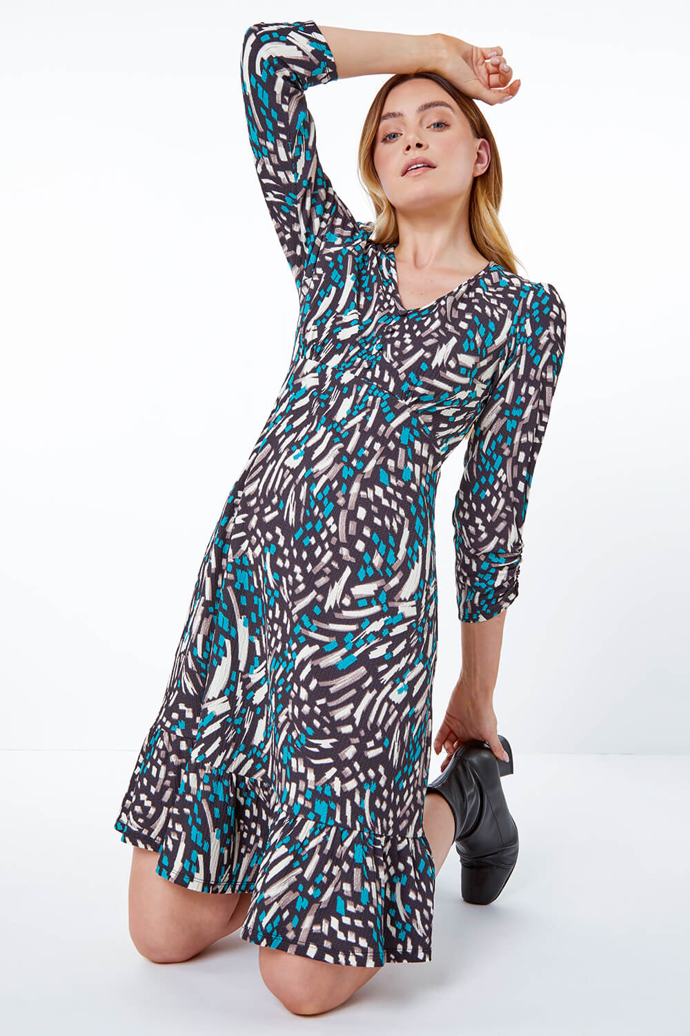 Teal Abstract Frill Hem Dress, Image 4 of 5